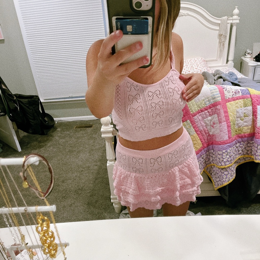 LoveShackFancy Pink Ruffled Skater Mini Skirt